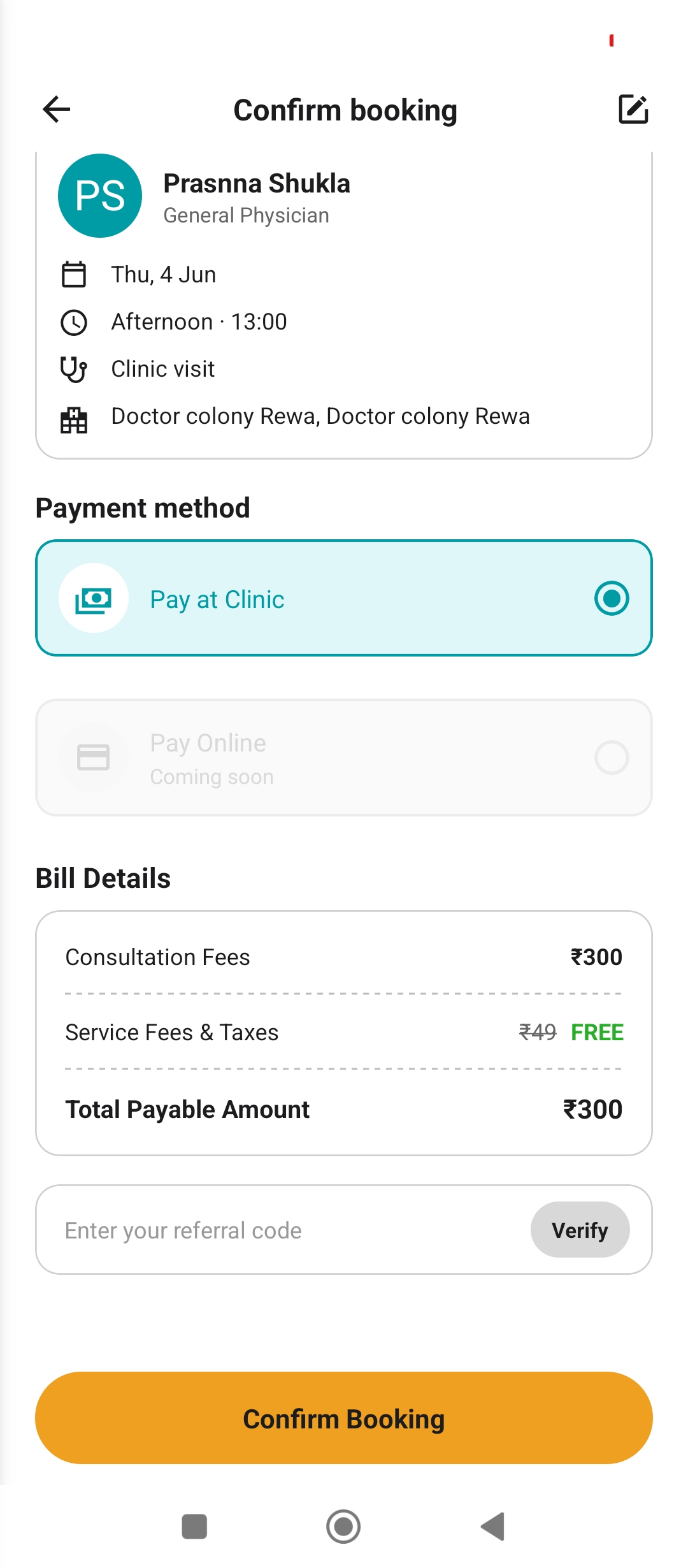 YourLab booking confirmation screen